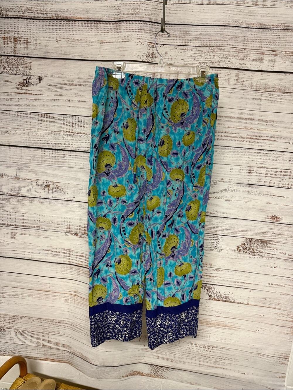 Diane Gilman Silk Pants Large Blue Green